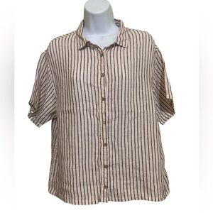 100% Linen Camp Shirt Boxy Oversized Button Up White Brown Striped Preppy Beachy
